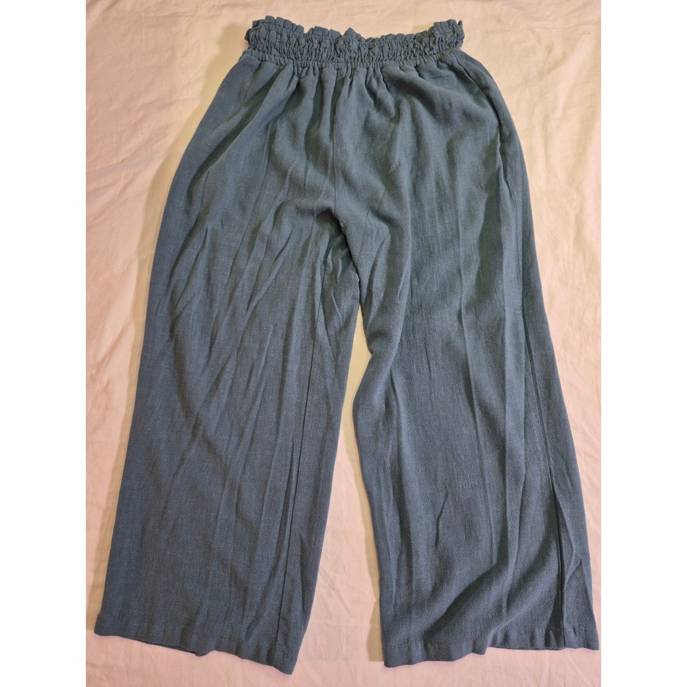 Blue Linen Blend Wide Leg Paperbag Waist Pants with Pockets Size M